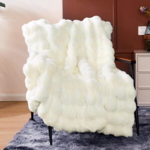 Touchat Luxury 1000GSM Rabbit Faux Fur Twin Blanket, Super Heavy Warm Cozy Beige Cream Blankets for Couch Bed Sofa, Ruched Plush Fuzzy Elegant Soft Reversible Mink Blanket for Living Room Bedroom