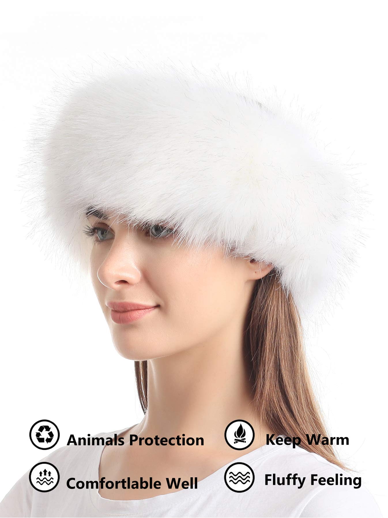 Faux Fur Headband with Elastic for Women's Winter Earwarmer Earmuff(One size,White)