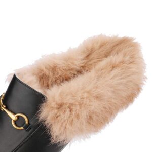 Arqa Fur Mules for Women Comfortable Leather Buckle Mule Flats Furry Padded Backless Loafers Casual Slides Shoes