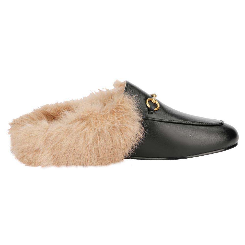 Arqa Fur Mules for Women Comfortable Leather Buckle Mule Flats Furry Padded Backless Loafers Casual Slides Shoes