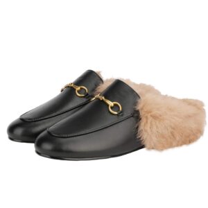 Arqa Fur Mules for Women Comfortable Leather Buckle Mule Flats Furry Padded Backless Loafers Casual Slides Shoes