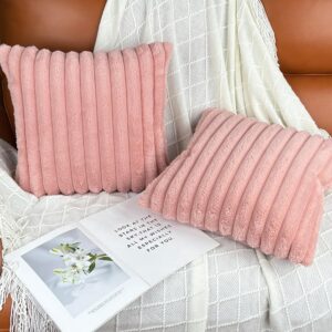 16x16 Throw Pillow Covers Set of 2, Decorative Faux Fur Covers for Bed, Couch Soft Fluffy Pillow Cover with Velvet Back for Living Room, Neutral Home Décor Accent for Sofa - Pink