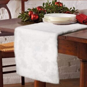 AerWo Faux Fur Christmas Table Runner, Winter Snowy White Table Runner for White Christmas Holiday Table Decoration 72 x 15 Inch