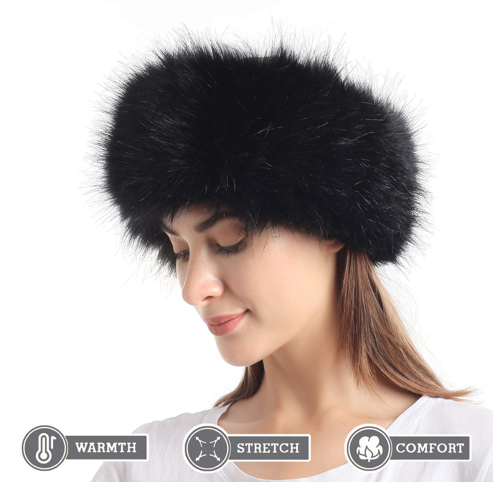 LA CARRIE Faux Fur Headband with Stretch Women's Winter Earwarmer Earmuff (Black)