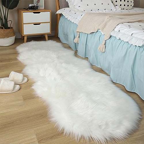 CKLZSAY White Faux Fur Sheepskin Rug Super Soft Fluffy Plush Rug Bedroom Floor Room Sofa Cushion Living Room Runners Bedside Rugs (2×6 ft Sheepskin White)