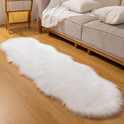 CKLZSAY White Faux Fur Sheepskin Rug Super Soft Fluffy Plush Rug Bedroom Floor Room Sofa Cushion Living Room Runners Bedside Rugs (2×6 ft Sheepskin White)