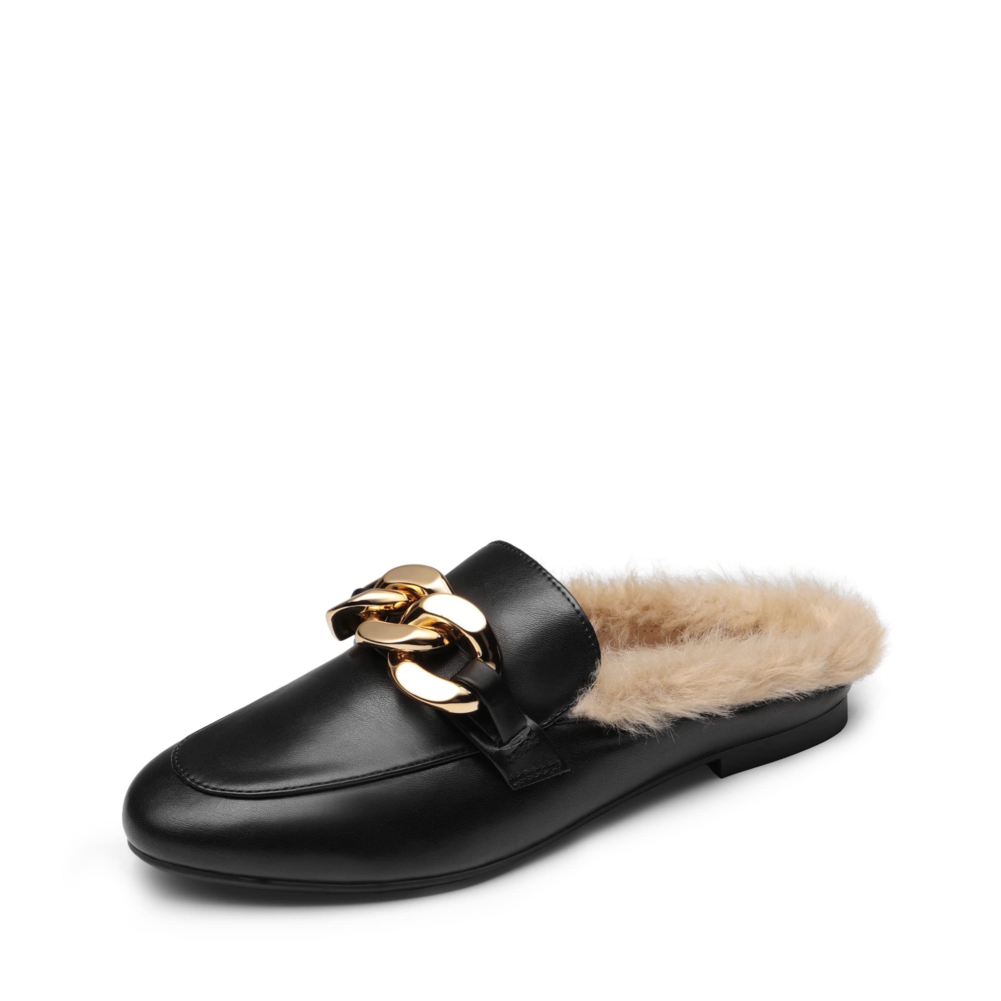 DREAM PAIRS Mules for Women Flats Shoes Comfortable Slip on Closed Toe Slides Loafers with Chain Backless Women’s Mules,Size 8.5,BLACK-FUR,SDML2205W