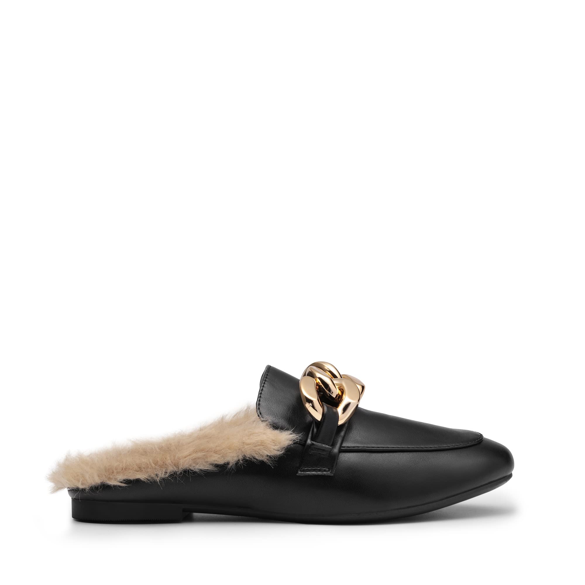 DREAM PAIRS Mules for Women Flats Shoes Comfortable Slip on Closed Toe Slides Loafers with Chain Backless Women’s Mules,Size 8.5,BLACK-FUR,SDML2205W