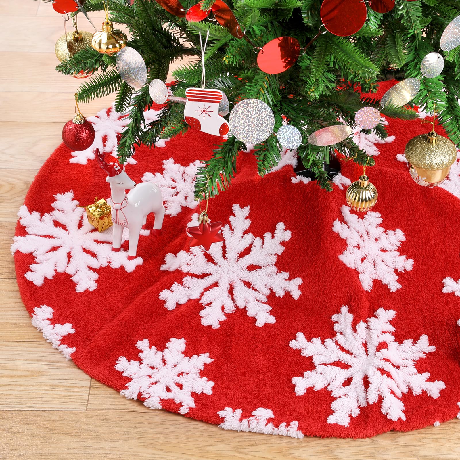 24 Inch Tree Skirt Small Red Christmas Tree Skirts with White Snowflakes Faux Fur Xmas Tree Decorations