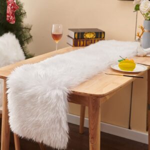 table runner, thanksgiving modern small white fur table runner for party birthday christmas friendsgiving wedding dinning table, decorative rug luxury faux fur runner for table (11.8x59.1inch)