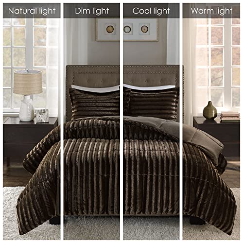 Madison Park Duke Luxe Faux Fur Reversible Comforter Set, Soft Plush Reverse, Modern Down Alternative Filling Cozy Bedding, Box Quilted Warm Cover, Matching Shams, Full/Queen, Chocolate 3 Piece