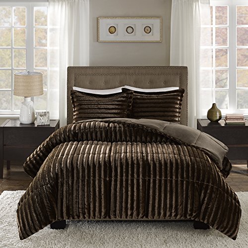 Madison Park Duke Luxe Faux Fur Reversible Comforter Set, Soft Plush Reverse, Modern Down Alternative Filling Cozy Bedding, Box Quilted Warm Cover, Matching Shams, Full/Queen, Chocolate 3 Piece