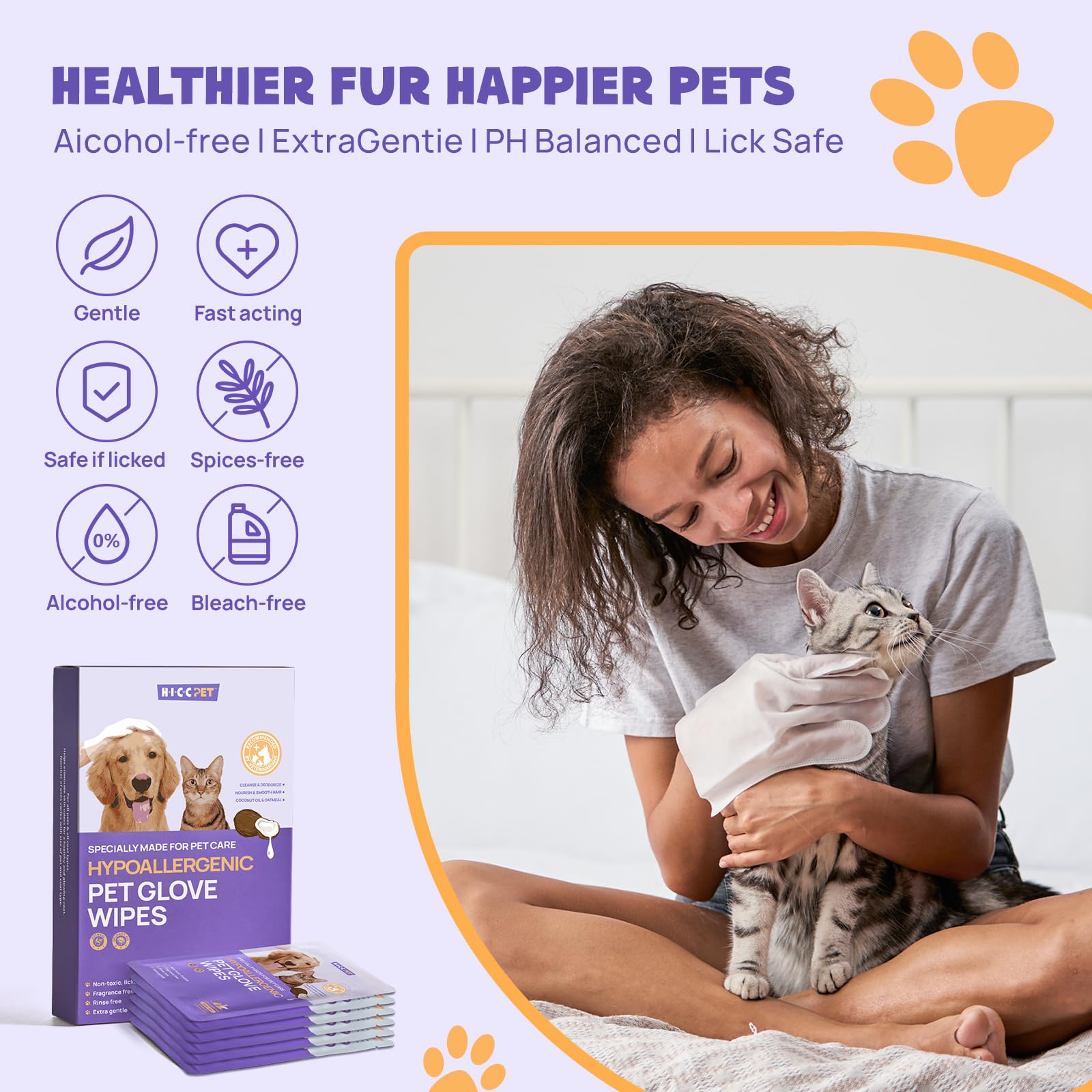 HICC PET Cleaning & Deodorizing Bathing Wipes for Dogs and Cats, Nourish Fur Coconut Oil Grooming Wipes for Dogs, Pet Cleaning Gloves Wipes for Daily Care and Traveling, Hypoallergenic