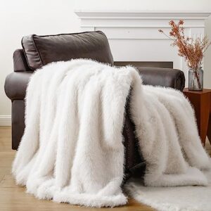 BATTILO HOME Luxury White Fluffy Faux Fur Throw Blanket, Large Fur Blankets and Throws for Couch, Bed, Super Soft Cozy Warm Plush Fuzzy Fur Throws with Long Pile, 60"x80" (Ivory)