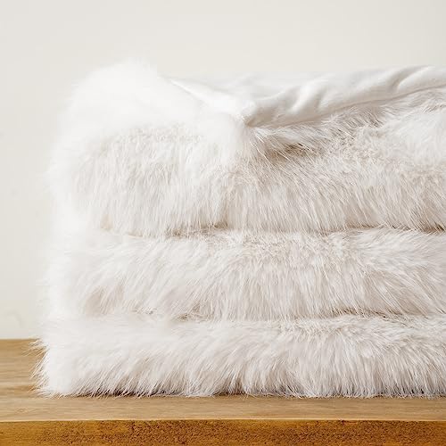 BATTILO HOME Luxury White Fluffy Faux Fur Throw Blanket, Large Fur Blankets and Throws for Couch, Bed, Super Soft Cozy Warm Plush Fuzzy Fur Throws with Long Pile, 60"x80" (Ivory)