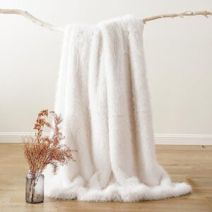 BATTILO HOME Luxury White Fluffy Faux Fur Throw Blanket, Large Fur Blankets and Throws for Couch, Bed, Super Soft Cozy Warm Plush Fuzzy Fur Throws with Long Pile, 60"x80" (Ivory)