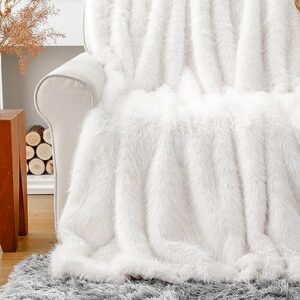 BATTILO HOME Luxury White Fluffy Faux Fur Throw Blanket, Large Fur Blankets and Throws for Couch, Bed, Super Soft Cozy Warm Plush Fuzzy Fur Throws with Long Pile, 60"x80" (Ivory)