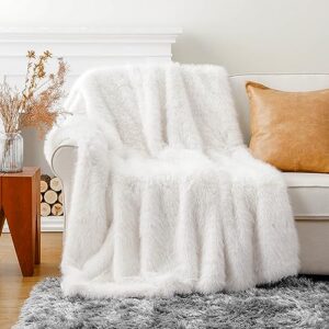 BATTILO HOME Luxury White Fluffy Faux Fur Throw Blanket, Large Fur Blankets and Throws for Couch, Bed, Super Soft Cozy Warm Plush Fuzzy Fur Throws with Long Pile, 60"x80" (Ivory)