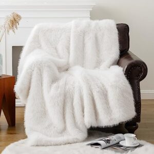 BATTILO HOME Luxury White Fluffy Faux Fur Throw Blanket, Large Fur Blankets and Throws for Couch, Bed, Super Soft Cozy Warm Plush Fuzzy Fur Throws with Long Pile, 60"x80" (Ivory)