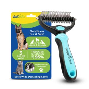 DakPets Dematting Rake for Dogs - Double Row Undercoat Rake for Dogs - Cat Brush & Deshedding Tool Gently Removes Loose Hair & Mats - Dog Hair Detangler & Cat Matted Fur Remover - Easy-Grip Design