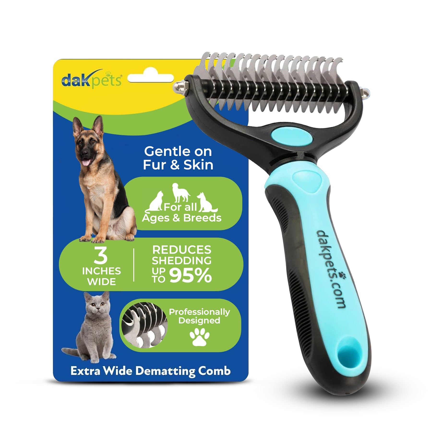 DakPets Dematting Rake for Dogs - Double Row Undercoat Rake for Dogs - Cat Brush & Deshedding Tool Gently Removes Loose Hair & Mats - Dog Hair Detangler & Cat Matted Fur Remover - Easy-Grip Design