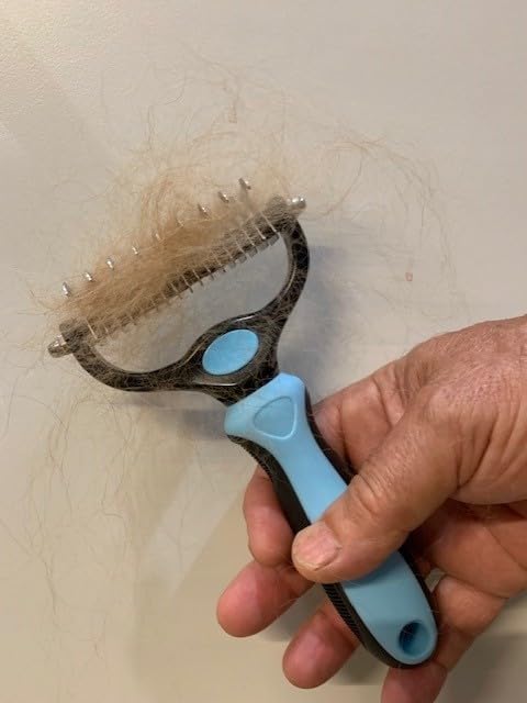 DakPets Dematting Rake for Dogs - Double Row Undercoat Rake for Dogs - Cat Brush & Deshedding Tool Gently Removes Loose Hair & Mats - Dog Hair Detangler & Cat Matted Fur Remover - Easy-Grip Design