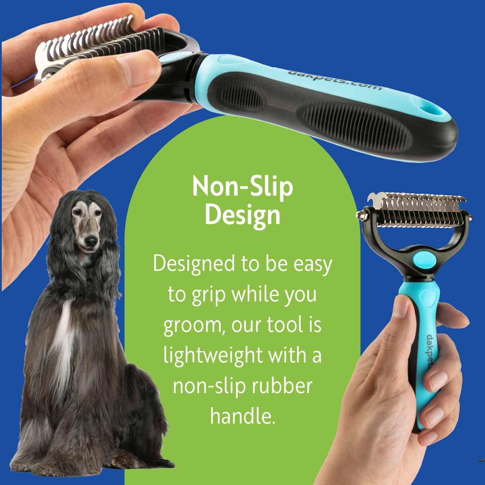 DakPets Dematting Rake for Dogs - Double Row Undercoat Rake for Dogs - Cat Brush & Deshedding Tool Gently Removes Loose Hair & Mats - Dog Hair Detangler & Cat Matted Fur Remover - Easy-Grip Design