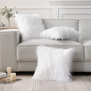 Phantoscope Faux Fur Solid Decorative Pillow Cover Fluffy Throw Pillow Mongolian Luxury Fuzzy Pillow Case Cushion Cover for Bedroom and Couch,True White 18 x 18 Inches