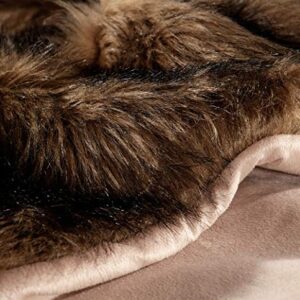 Luxury Plush Faux Fur Throw Blanket, Long Pile Brown with Black Tipped Blanket, Super Warm, Fuzzy, Elegant, Fluffy Decoration Blanket Scarf for Sofa, Armchair, Couch and Bed, 50''x 60''