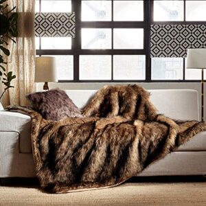 Luxury Plush Faux Fur Throw Blanket, Long Pile Brown with Black Tipped Blanket, Super Warm, Fuzzy, Elegant, Fluffy Decoration Blanket Scarf for Sofa, Armchair, Couch and Bed, 50''x 60''