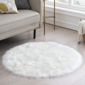 Round Fur Rug Fluffy Area Rug for Bedroom, White Faux Fur Rug Furry Circle Rug for Kids Room, Cute Princess Castle Furry Nursery Rug, Plush Shag Circular Rugs Floor Carpets for Teen Girl Room, 3x3 Ft