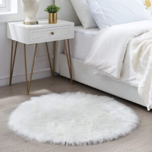 Round Fur Rug Fluffy Area Rug for Bedroom, White Faux Fur Rug Furry Circle Rug for Kids Room, Cute Princess Castle Furry Nursery Rug, Plush Shag Circular Rugs Floor Carpets for Teen Girl Room, 3x3 Ft