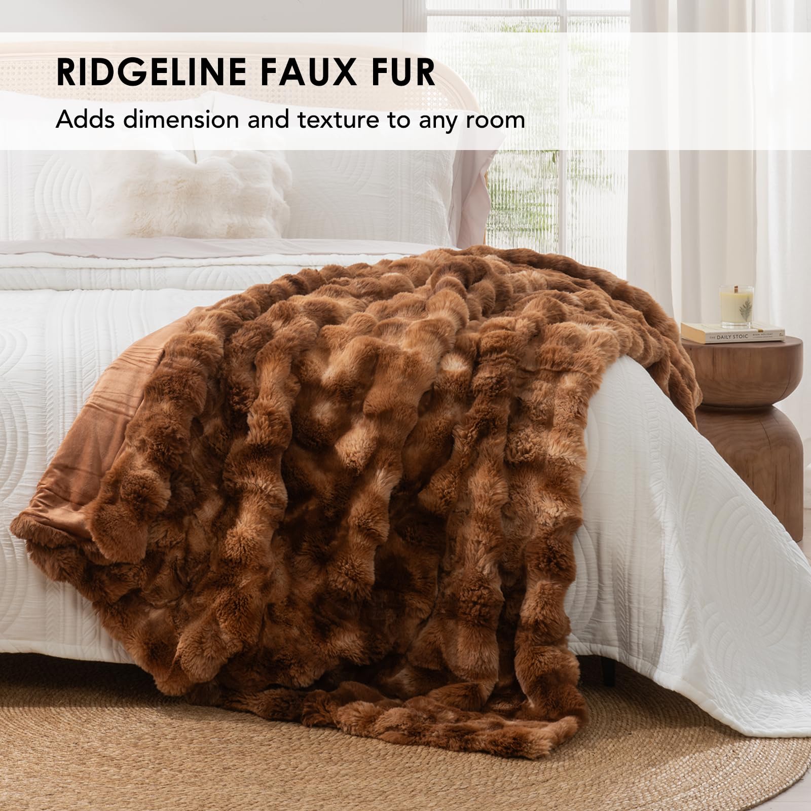 EVERGRACE Ultra Soft Luxury Fluffy Ridgeline Faux Rabbit Fur Throw Blanket, Thick Warm Blankets for bed, Cozy Plush Reversible Blanket for Couch, Chair, Sofa, Lion Caramel, 50x60 Inches, 870 GSM