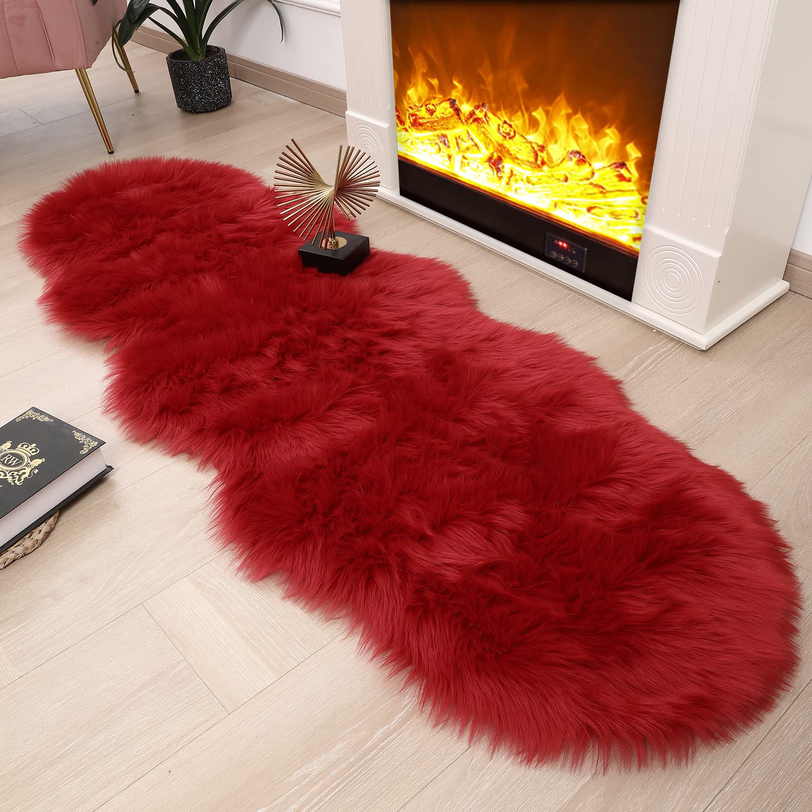 CKLZSAY Red Faux Fur Sheepskin Rug Super Soft Fluffy Plush Area Rug Bedroom Floor Children's room Sofa Cushion Living Room Runners Bedside Rugs (Red，2×6 ft sheepskin)