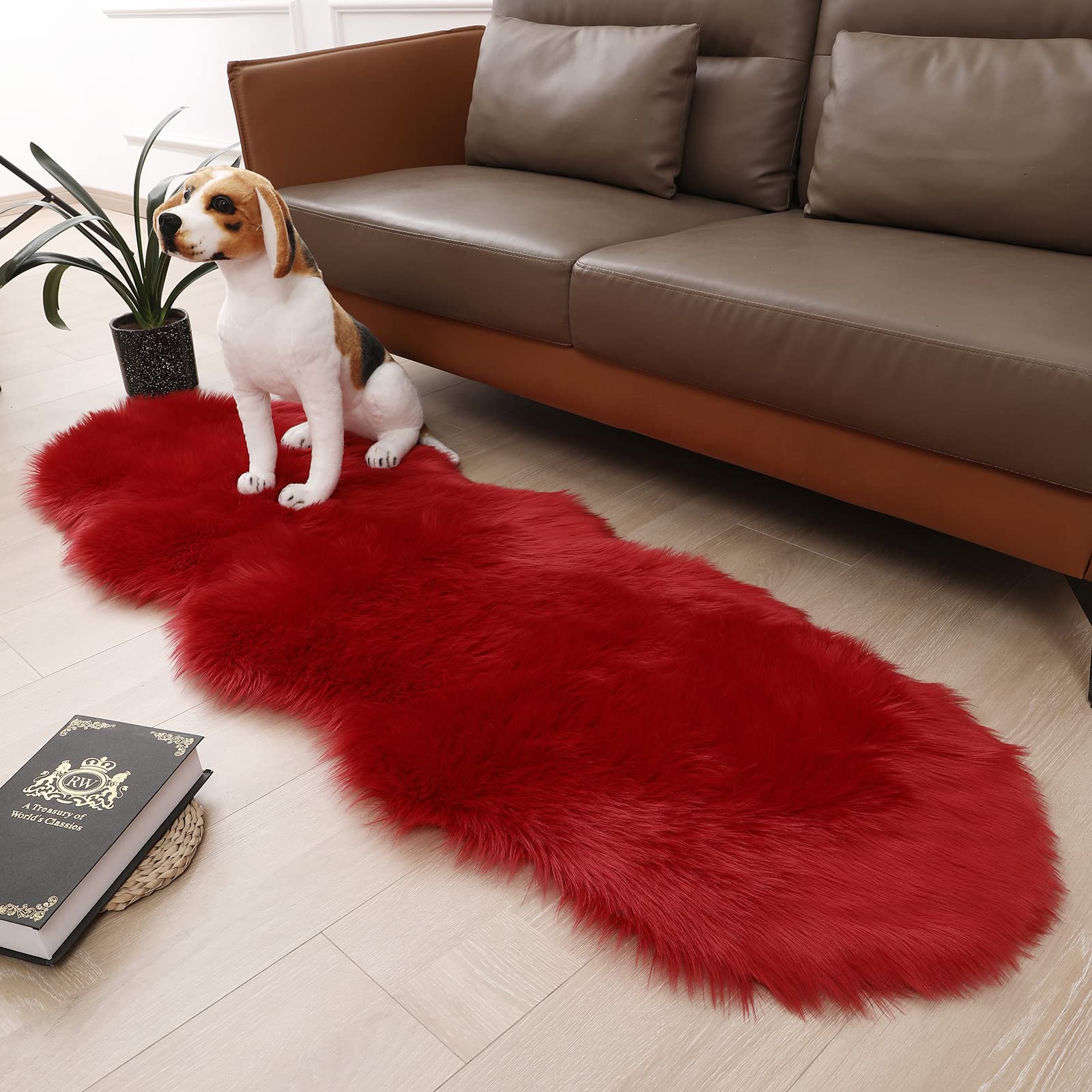 CKLZSAY Red Faux Fur Sheepskin Rug Super Soft Fluffy Plush Area Rug Bedroom Floor Children's room Sofa Cushion Living Room Runners Bedside Rugs (Red，2×6 ft sheepskin)