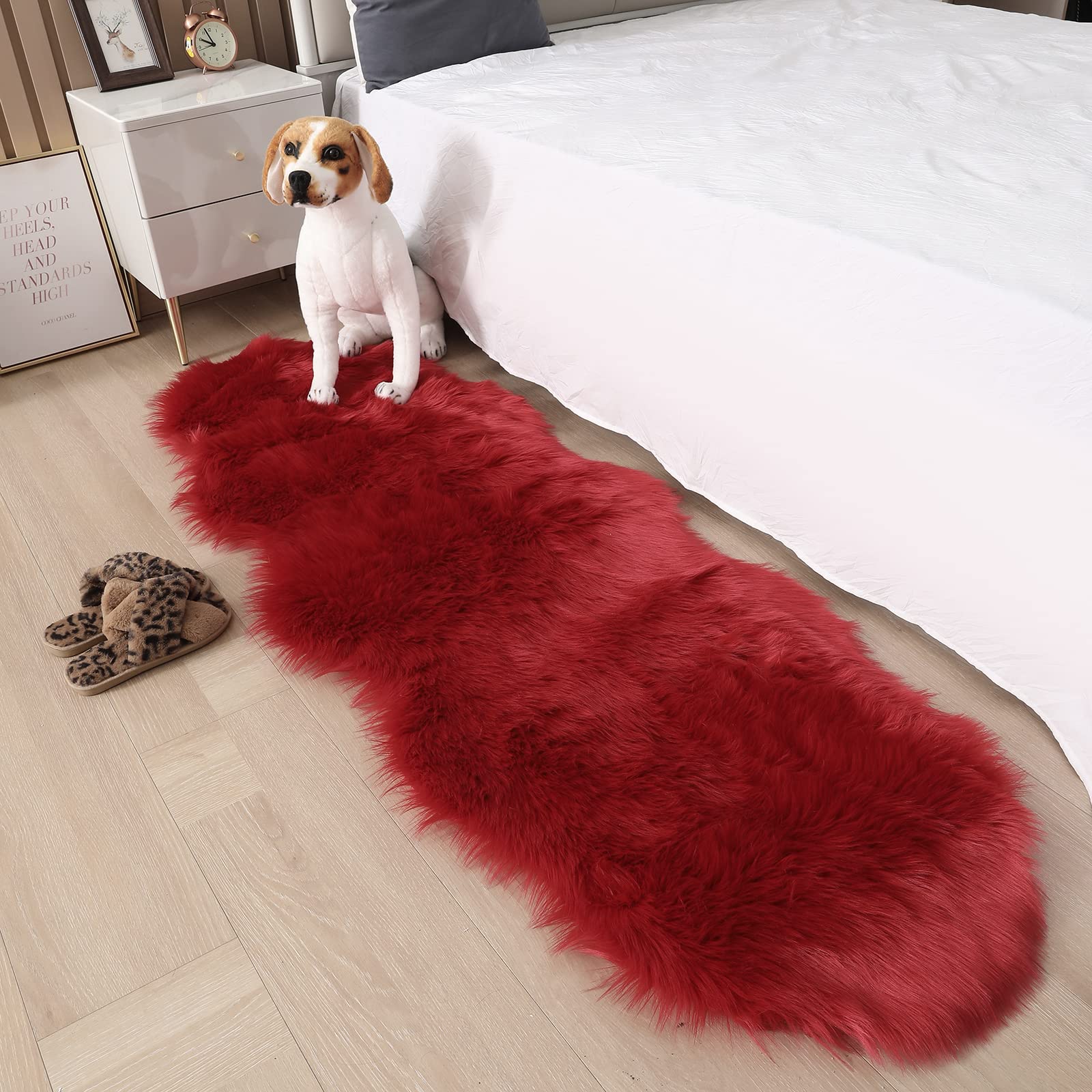 CKLZSAY Red Faux Fur Sheepskin Rug Super Soft Fluffy Plush Area Rug Bedroom Floor Children's room Sofa Cushion Living Room Runners Bedside Rugs (Red，2×6 ft sheepskin)