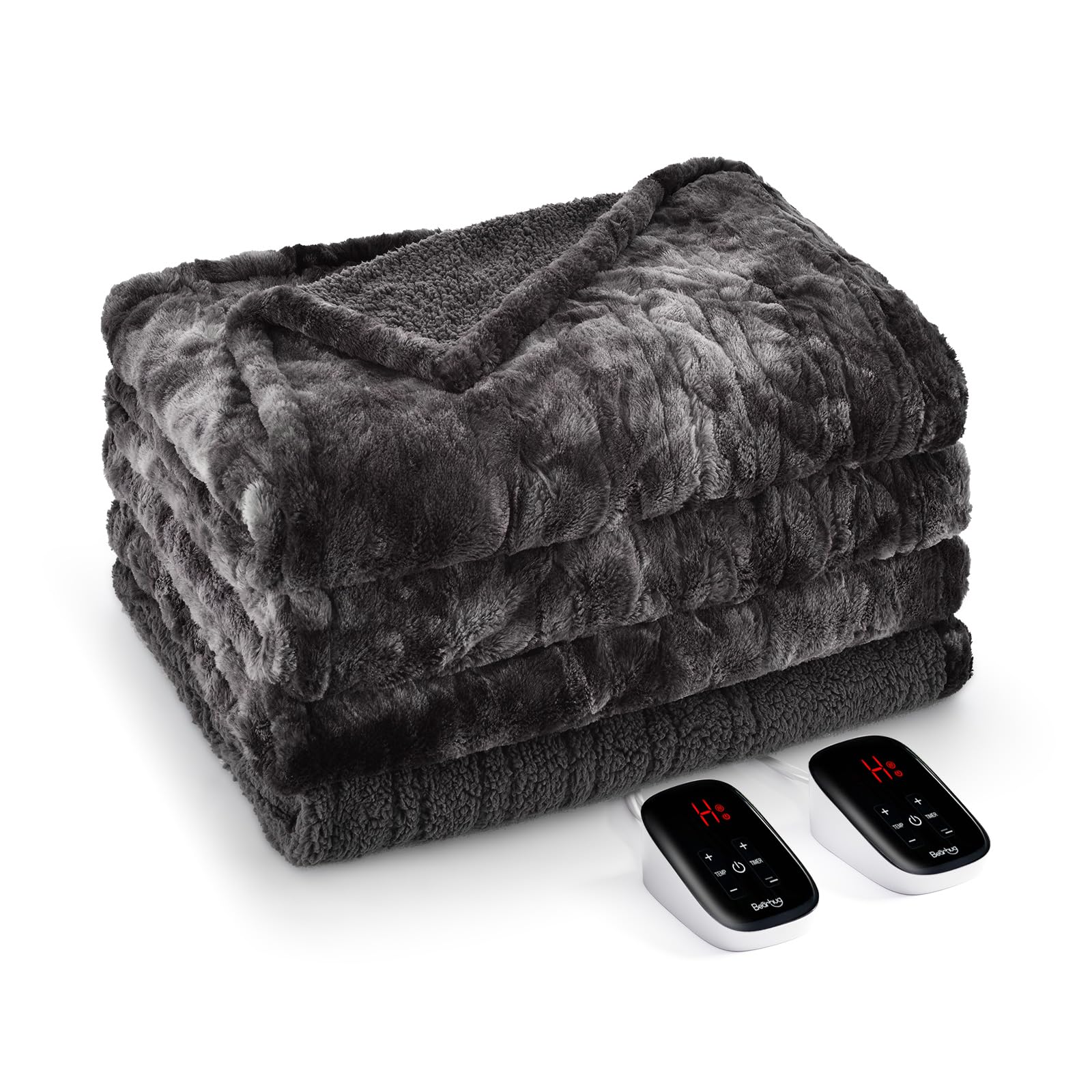 Bearhug Electric Blanket King Size 100"x 90", Dual Controllers Heated Blanket, Reversible Faux Fur & Sherpa, Over-Heat Protect, 10 Heating Levels, ETL, Machine Washable