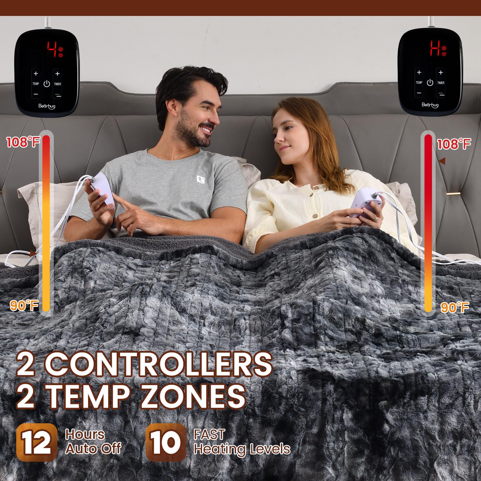 Bearhug Electric Blanket King Size 100"x 90", Dual Controllers Heated Blanket, Reversible Faux Fur & Sherpa, Over-Heat Protect, 10 Heating Levels, ETL, Machine Washable