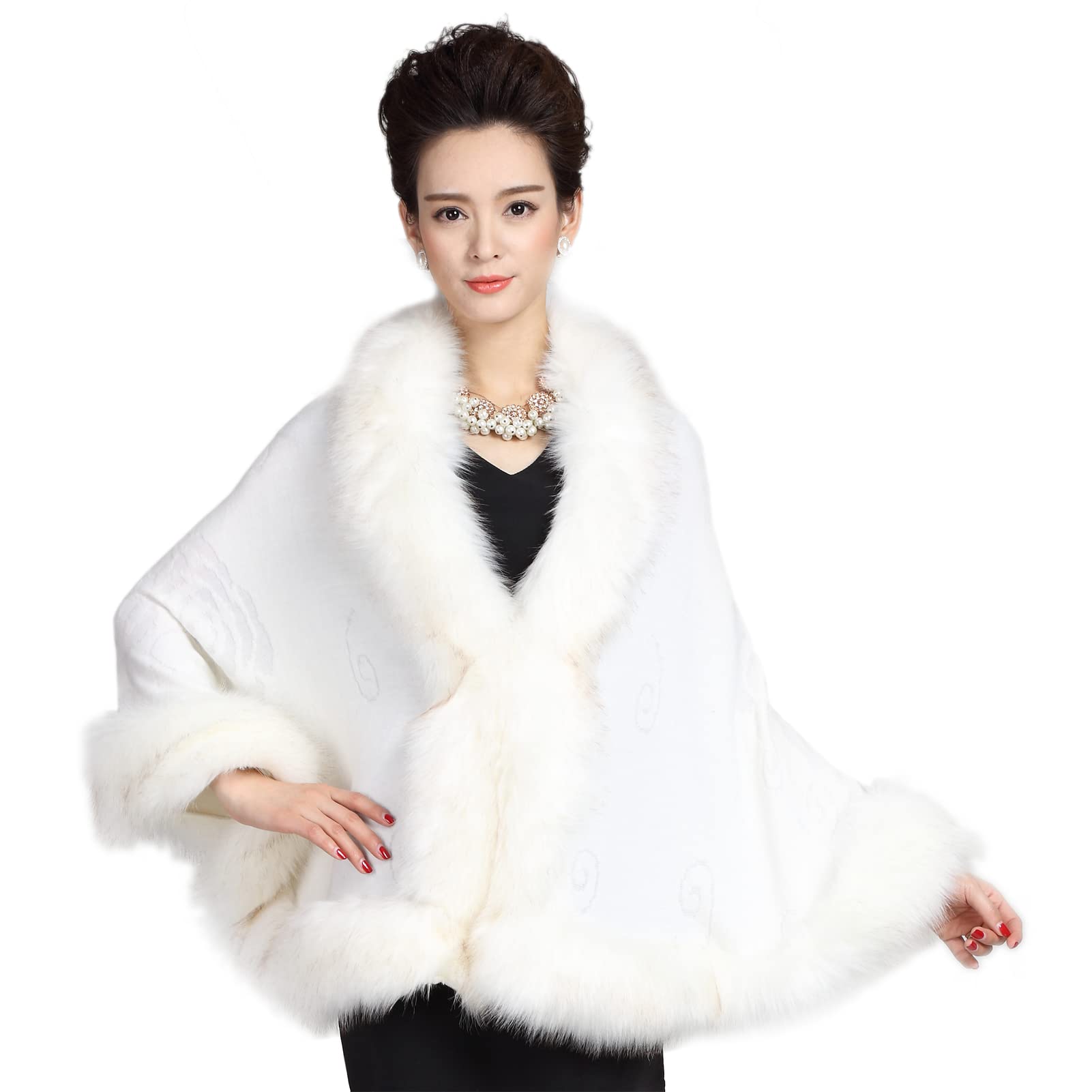 ELFJOY White Faux Fur Bridal Shawl Wrap for Wedding and Evening Dresses - Luxury Fur Cape