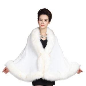 ELFJOY White Faux Fur Bridal Shawl Wrap for Wedding and Evening Dresses - Luxury Fur Cape