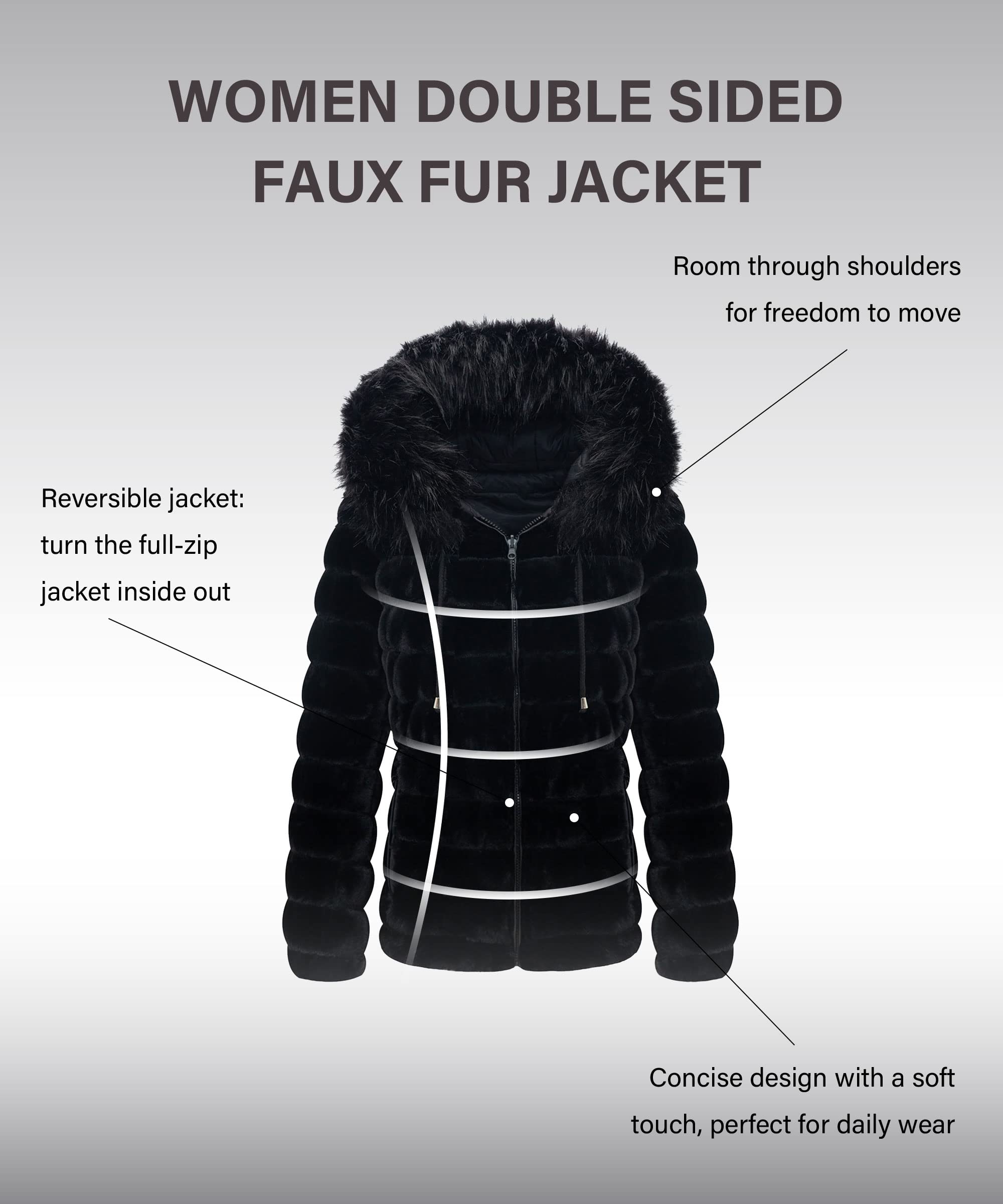 Bellivera Women Double Sided Faux Fur Jacket with Fur Collar, The Puffer Coat Worn on Both Sides 19225 Black XXL