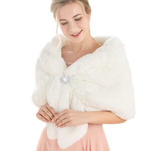 JEWEKY 1920s Bride Wedding Fur Shawls and Wraps Winter Bridal Faux Fox Fur Stoles and Scarfs for Women and Bridesmaids (A-White, US 4-14 (S-M))