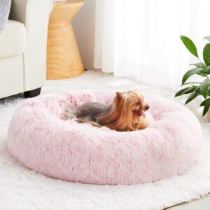 WNPETHOME Calming Dog Bed Cat Bed Donut, Faux Fur Pet Bed Self-Warming Donut Cuddler, Comfortable Round Plush Dog Beds (24 x 24 x 8 Inch, light pink)