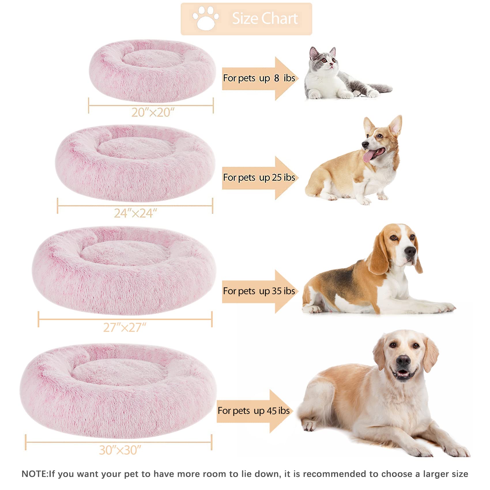 WNPETHOME Calming Dog Bed Cat Bed Donut, Faux Fur Pet Bed Self-Warming Donut Cuddler, Comfortable Round Plush Dog Beds (24 x 24 x 8 Inch, light pink)