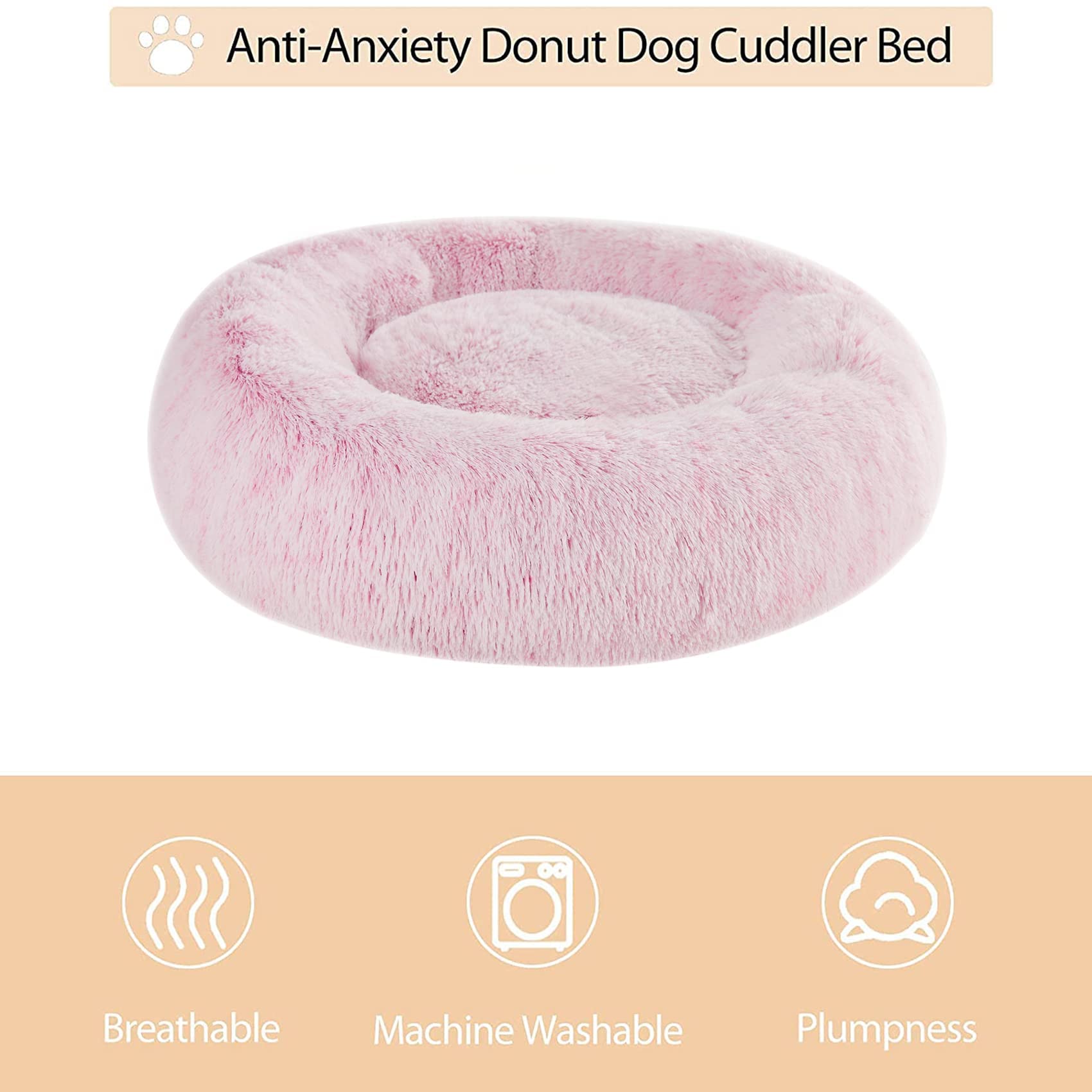 WNPETHOME Calming Dog Bed Cat Bed Donut, Faux Fur Pet Bed Self-Warming Donut Cuddler, Comfortable Round Plush Dog Beds (24 x 24 x 8 Inch, light pink)