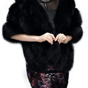 UMREN Women's Luxury Party Faux Fox Fur Long Shawl Cloak Cape for Winter Black A