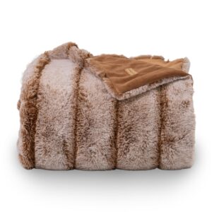 evergrace soft rabbit faux fur throw blanket for couch bed, luxury cozy fluffy channel blanket warm thick mink blanket with reversible plush velvet for winter, caramel brown, 60”x80”