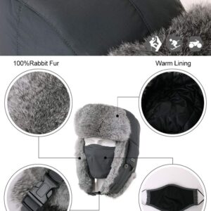 Comhats Winter Earflap Men Trooper Trapper Black Hat 100% Rabbit Fur Lined Russian Ushanka Medium/Large