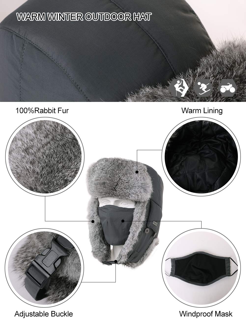 Comhats Winter Earflap Men Trooper Trapper Black Hat 100% Rabbit Fur Lined Russian Ushanka Medium/Large