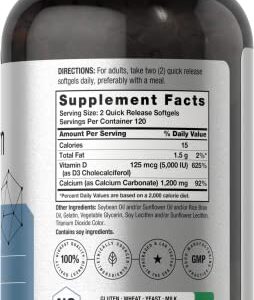 Calcium 1200 mg with Vitamin D3 | 240 Softgels 5000 IU Absorbable Supplement Non-GMO, Gluten Free by Horbaach